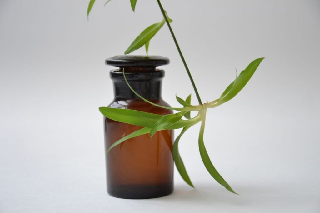 Close-up of an elegant brown glass aromatherapy bottle adorned with green leaves.
